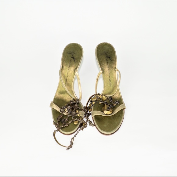 Giuseppe Zanotti Ankle Strap Gold Burma Mekong Leather Stilettos.